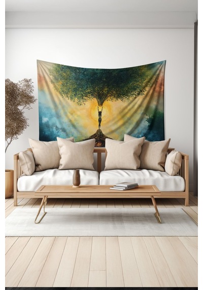 Hayat Ağacı Desenli Duvar Halısı Duvar Örtüsü Tapestry Süet Dokulu Kumaş
