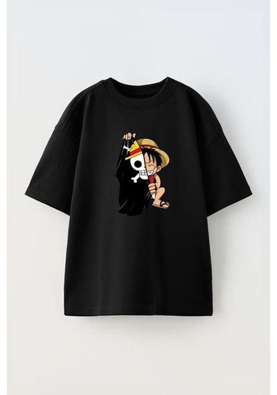 Thewert Unisex Anime Luffy Korsan Bayrak Tasarım Baskılı Pamuk Sıyah Oversize T-shirt Siyah