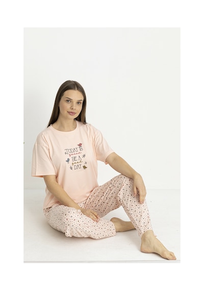 Estiva Kadın Kalp Alt Desenli Somon Penye Lycra Kısa Kollu Pijama Takımı Çok renkli