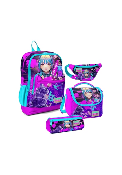 Coral High Kız Çocuk Mor Pembe Anime Kedi Desenli İlkokul Okul Çanta Seti Ve Bel Çantası