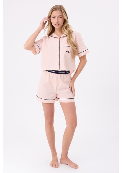Lespadon Marısılk Seastrıpe Kadın Yazlık Şortlu Crop Gömlekli Pijama & Lounge Takımı-3173 Pembe