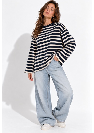 Wild Bee Kadın Lacivert Ekru Çizgili Pamuklu Bisiklet Yaka Oversize Bluz