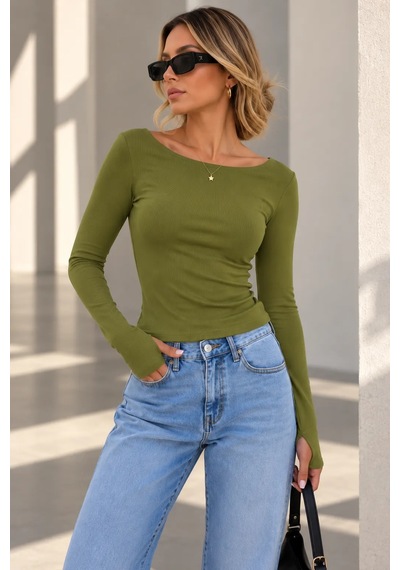 Bb Butik Basic Soft Touch Parmak Geçmeli Kayık Yaka Bluz Mdk35 haki