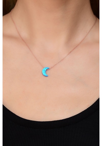 Papatya Silver 925 Ayar Gümüş Rose Kaplama Mavi Opal Taş Hilal Kadın Kolye