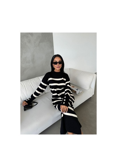 İkrafashion Çizgili Triko Elbise Siyah Siyah