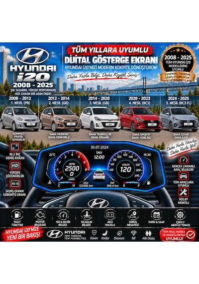 Hyundai İ20 2008-2025 İçin Digital Gösterge Odb Ekran Arıza Göstergesi Turbo Gösterge Hayalet Ekran