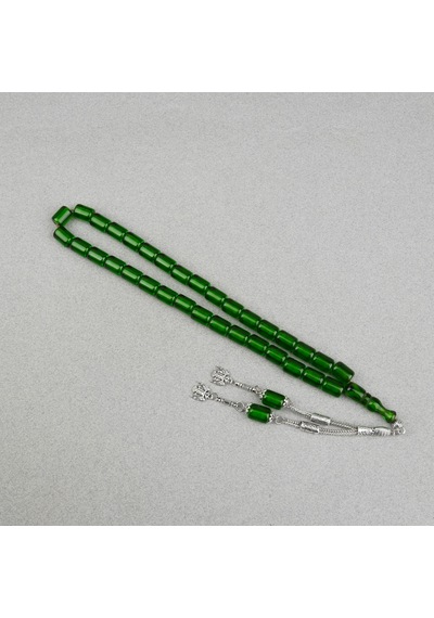 Ateş Kehribar Alpaka Püsküllü Kapsül Kesim 9x12mm Tesbih - Şeffaf Yeşil
