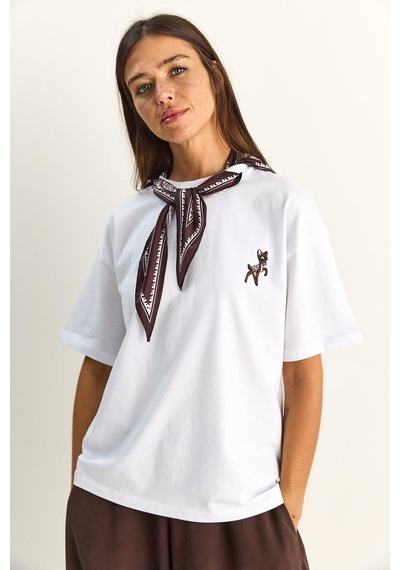 Shade Kadın Ceylan Nakışlı Fularlı Basic Salaş T-shirt 7517 60283977 - Beyaz
