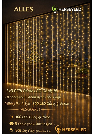 3x3 Perde Led Günışığı - 8 Fonksiyonlu Animasyon - Usb Girişli Yılbaşı Perde Işık - 300 Led Günışığı Perde Gün Işığı
