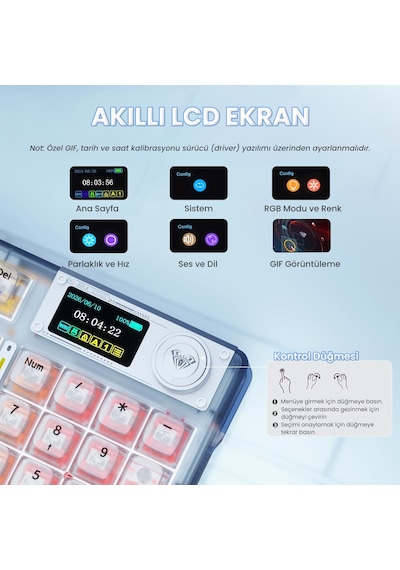 Aula F98 Pro V3 Oled Ekranlı Crystal Switch Makrolu Kablosuz Rgb Hot-swap Gasket Pre-lubed Switch Mekanik Klavye Şeffaf