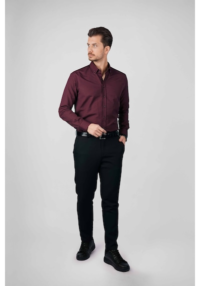 Koyu Bordo Yaka Düğmeli Premium Şamre Slimfit Erkek Gömlek Koyu Bordo