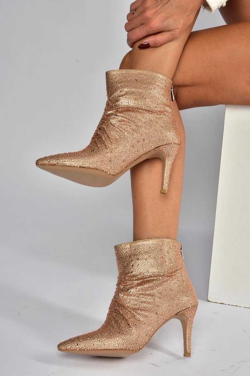 Fox Shoes V572127214 Bronz Sim Taşlı İnce Topuklu Abiye Bot Bronz-sim