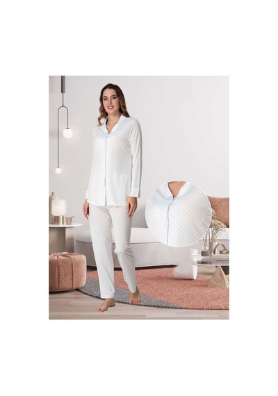 Effortt Dvina Lohusa Hamile Puantiyeli Uzun Kollu Pijama Takımı - Ekru/mavi Ekru-mavi