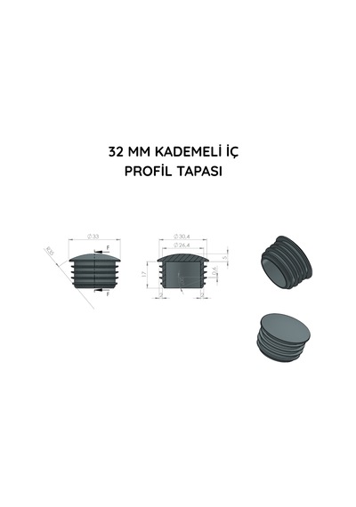 Cateksss 32 Mm Kademeli İç Profil Tapası Bombeli Siyah - 4 Lü Paket