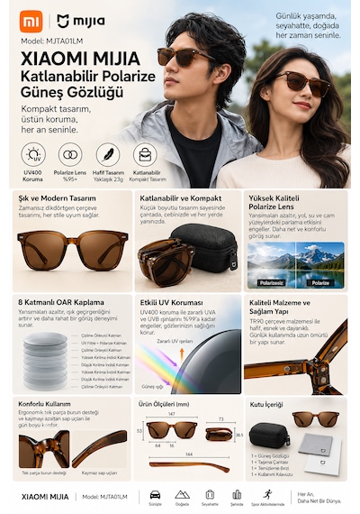 Mijia Katlanabilir Polarize Güneş Gözlüğü Uv400 8 Katmanlı Oar Kaplama Tac Lens Tr90 Amber Kahverengi Unisex Mjta01lm
