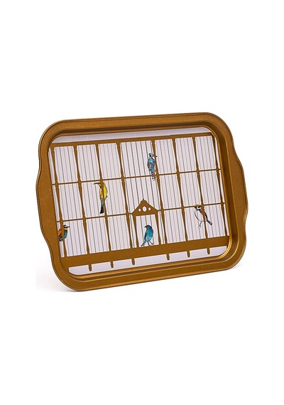 Bird Cage Desenli Kulplu Metal Tepsi, 21 X 31 Cm