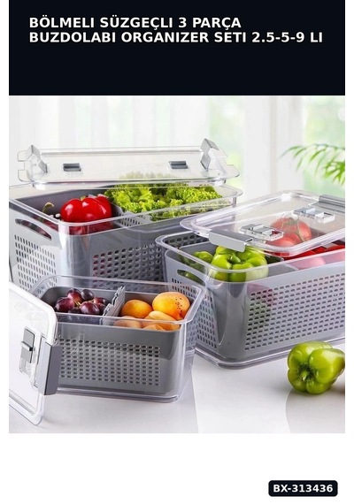 Bölmeli Süzgeçli 3 Parça Buzdolabı Organizer Seti 2.5-5-9 Litre Kilitli Kapak Bx-313436 Diğer