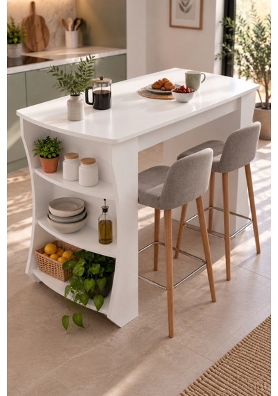 Sulorahome Mutfak Adası Ve Kahvaltı Masası Raflı Beyaz Masa 120x60 Cm