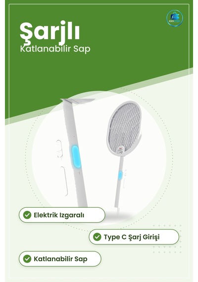 Elektrikli Sinek Öldürücü Raket Type C Şarjlı Katlanabilir Saplı