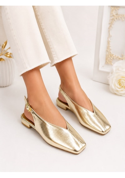 Dabab Shoes Lıvora Kadın Gold Kare Burun Tokalı Düz Taban Slingback Casual Babet Ayakkabı Altın
