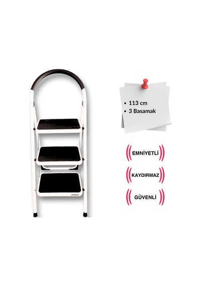 Çelik 3 Basamaklı Geniş Basamak Ev - Ofis Tipi Merdiven - Tutacaklı