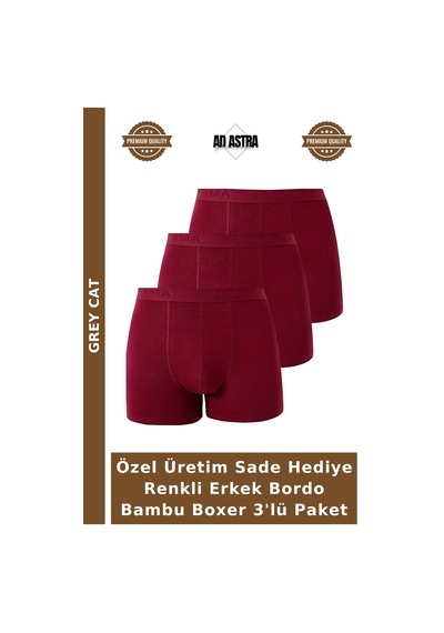 Grey Cat Özel Üretim Sade Hediye Renkli Erkek Bordo Bambu Boxer 3'lü Paket