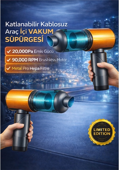 20.000 Pa Katlanabilir Kablosuz Araç İçi Vakum Süpürge Güçlü Emiş Metal + Hepa Filtre Set