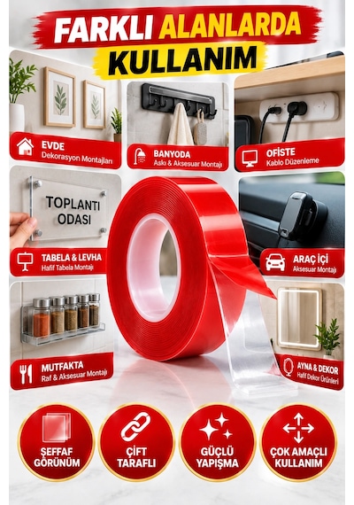 Şeffaf Çift Taraflı Bant 18 Mm X 2 Metre 36 Adet Koli Vhb Akrilik Silikon Güçlü Yapışkanlı Montaj Ba
