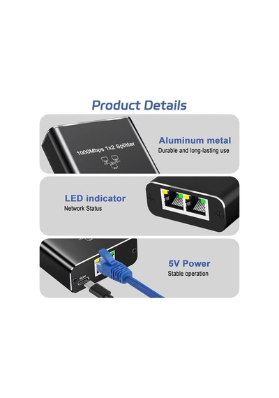 Ethernet Splitter 1 İla 2, Gigabit Ağ Bölücü, Rj45 Lan İnternet Bölücü, Bilgisayar, Anahtar, Yönlendirici, Adsl, Set Üstü Kutu, Dijital Tv Aynı Anda Çalışıyor İçin Laı Splitter