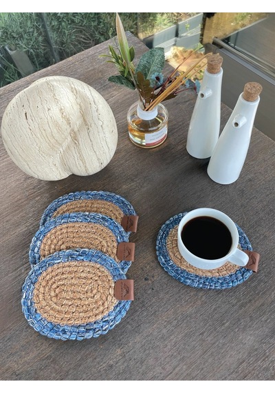 4 Adet Oval Dekoratif Bardak Altlığı Seti - Yuvarlak , Leke Tutmaz- Naturel-mavi 13x17 Cm Naturel