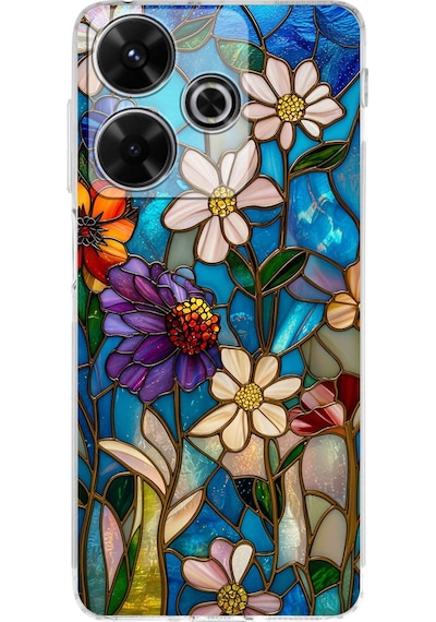 Printify Redmi 13 4g İle Uyumlu Vitray Mavi Bahar Tasarımlı Şeffaf Silikon Kılıf Şeffaf