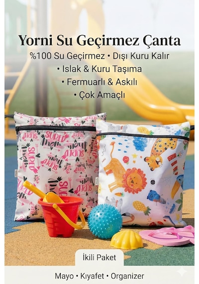 2 Adet Sıvı Geçirmeyen Çok Amaçlı Çanta, 30 X 35 Cm Jungle Ve 37 X 30 Cm Mom Desen, Ekonomik Set, Yıkanabilir Belirtilmemiş