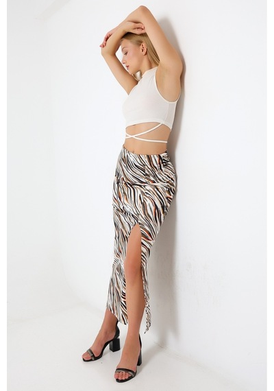 Gugus Kadın Derin Yırtmaçlı Dijital Baskılı Etek Maxi Boy 92 Cm Renkli Zebra