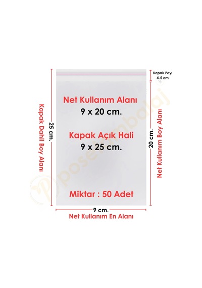 9x20+5 Cm. 9x25 50 Adet Şeffaf Bantlı Yapışkanlı Opp Poşet
