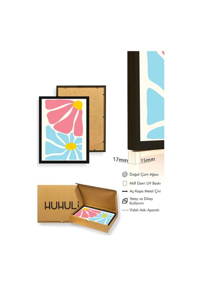 Doğal Ahşap Çerçeveli Retro Pop Art Çiçek Tablo - Pembe Mavi Floral Huhu2740