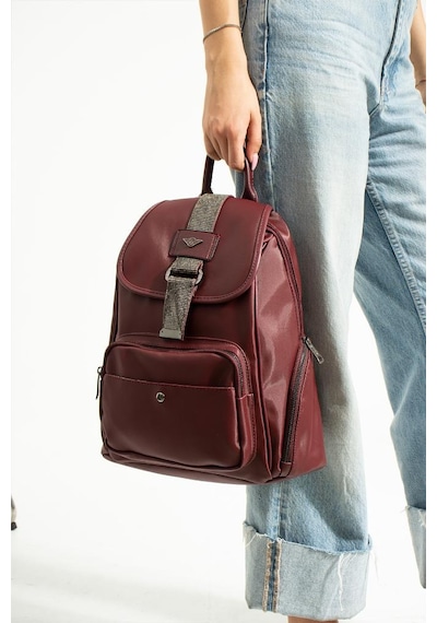 Baginn Saten Kumaş Kadın Sırt Çantası 33 23 Cm Yağmur İtici Kumaş Mega Bag Kapaklı Taşlı Model Bordo