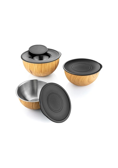 Bambum Rose Wood 3'lü Metal Karıştırma Kabı - Kahverengi