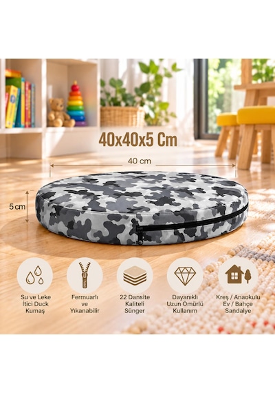 Kreş Anaokulu Yuvarlak Oyun Minderi Aktivite Minderi 40x40x5 Cm - Sandalye Minderi - Bahçe Dekor Minderi Yuvarlak Minder Kamuflaj
