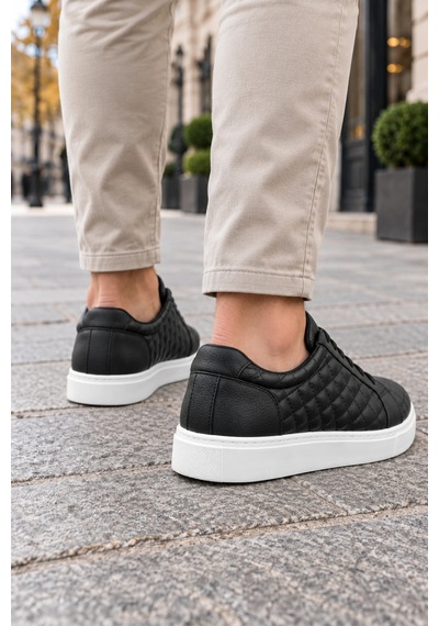 Mevese Egitserp Bağcıklı Cilt Kapitone Desenli Erkek Günlük Sneaker Ayakkabı - Siyah