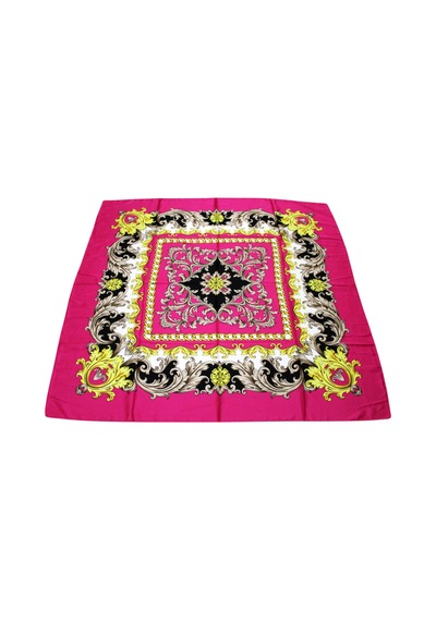 Tikitonki Kare Kesim Etnik Çiçek Desenli Fuşya Saten Eşarp - 90x90 Fuşya Fuşya