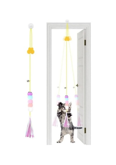 Yusa Stores Kendiliğinden Yapışkanlı Uzun İpli Tüylü Zilli Peluş Kedi Oyun Oltası Kedi Oyuncağı