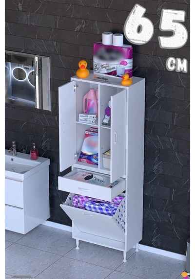 Yeni Afra 65 Cm 1 Gözlü Kirli Çamaşır Sepet, 2 Kapak Ve Çekmeceli 4 Raflı Çok Amaçlı Banyo Dolabı Beyaz Yeni Afra 65 Cm 1 Gözlü Kirli Çamaşır Sepet, 2 Kapak Ve Çekmeceli 4 Raflı Çok Amaçlı Banyo Dolabı Beyaz