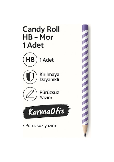 Candy Roll Hb Mor Kurşun Kalem 1 Adet Şerit Desenli Hb Uç Mor