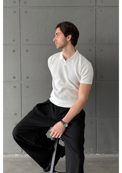 Erkek Petek Desen Polo Yaka Triko T-shirt Beyaz