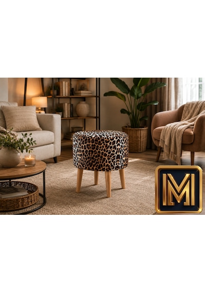 Medet Home Leopar Desenli Puf 40x40x40 Cm Dekoratif Ahşap Ayaklı Oturma Pufu Çok Renkli
