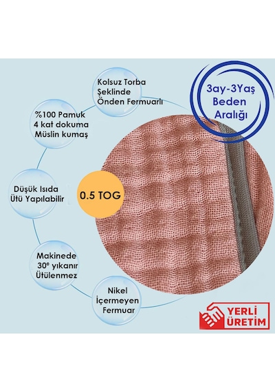 Yorni Pembe Yazlık Ve Mevsimlik 4 Kat Müslin Torba Uyku Tulum Pembe