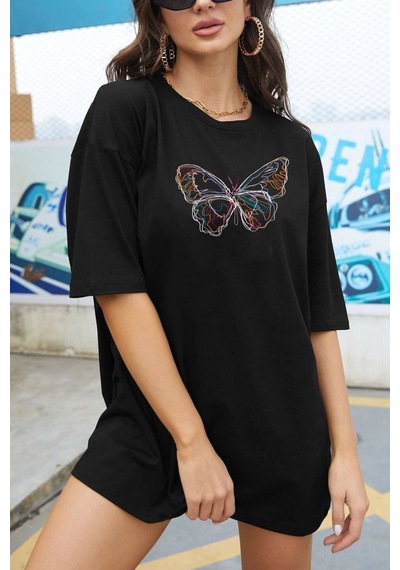 Unisex Butterfly Baskılı Kısa Kol T-shirt SIYAH