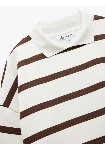 Koton Şardonlu Polo Yaka Çizgili Oversize Sweatshirt Kahverengi Çizgili 6wal10230ık Kahve Çizgili