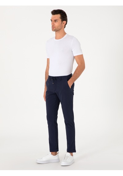 Cacharel Koyu Lacivert Slim Fit Gofreli Beli Bağcıklı Spor Pantolon