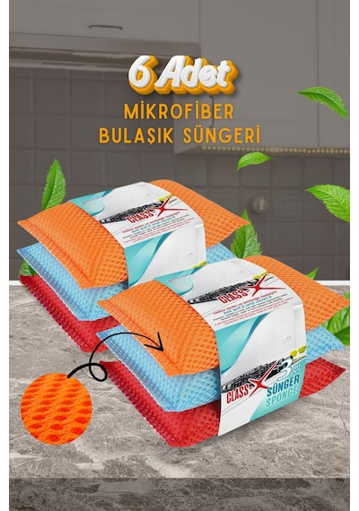 Grimorlife 6 Adet Mikrofiber Lifli Bulaşık Süngeri Dayanıklı Ve Hijyenik Temizlik Süngeri Seti